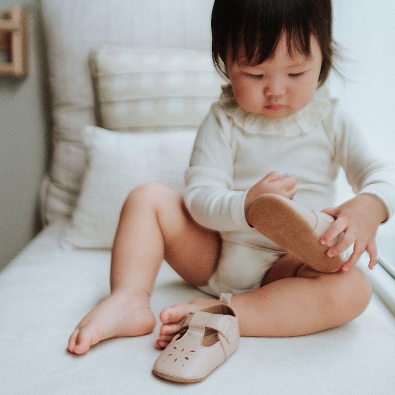 baby in purebaby organic eyelet t-bar blush pre walker baby shoes