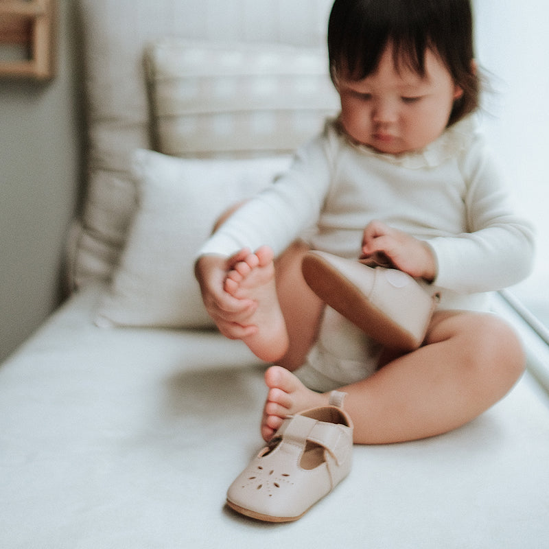 baby in purebaby organic eyelet t-bar blush pre walker baby shoes