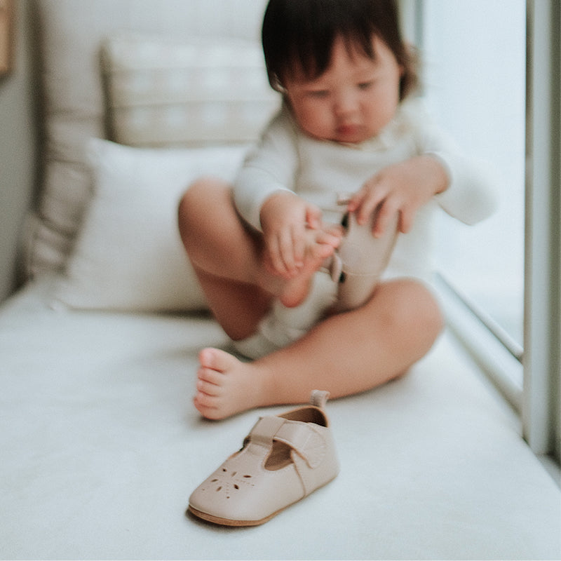 baby in purebaby organic eyelet t-bar blush pre walker baby shoes