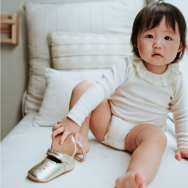 baby in purebaby organic mary jane light gold shoe pre walker baby shoes