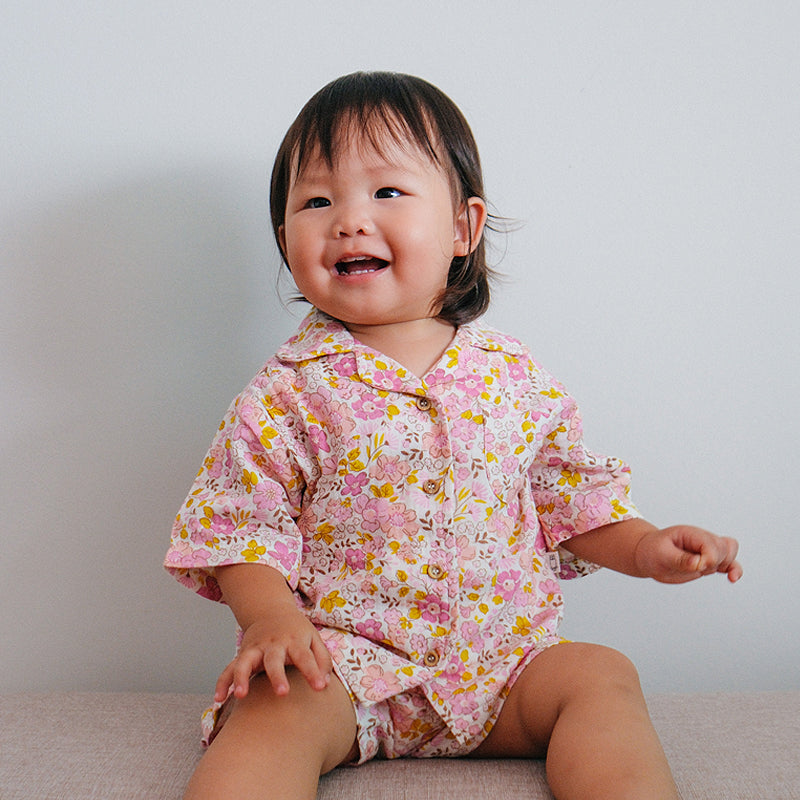 baby in purebaby crinkle summer bloom pj set organic cotton baby clothes