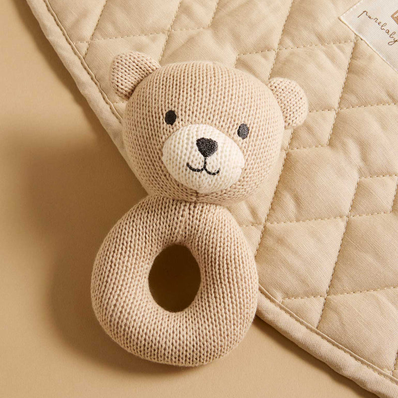 purebaby organic knitted bear rattle newborn baby toy