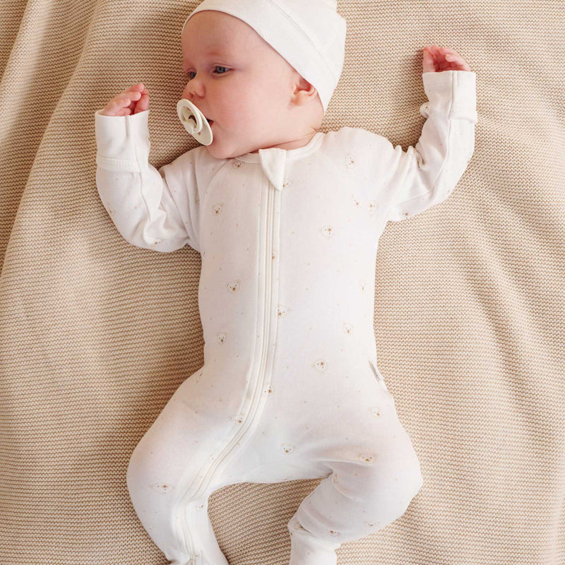 purebaby vanilla bear zip growsuit baby newborn organic cotton romper